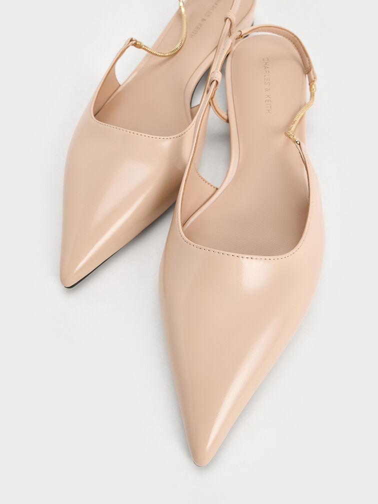 Chain-Strap Pointed-Toe Slingback Flats, Nude, hi-res