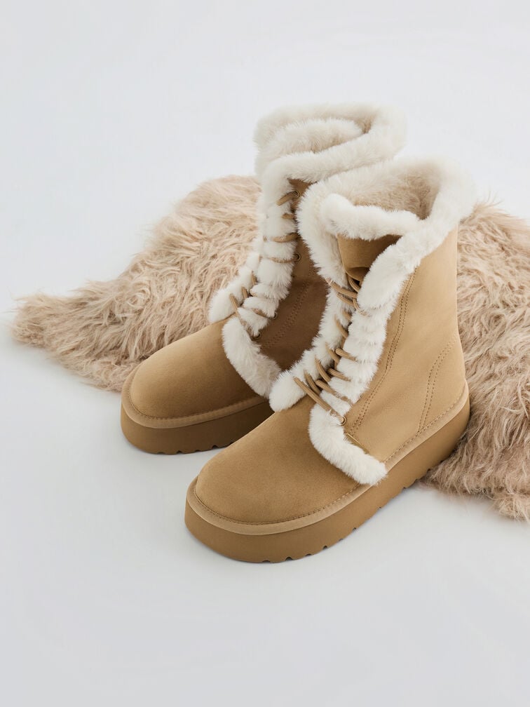 Faux Suede & Faux Fur Foldover Flatform Boots, Sand, hi-res