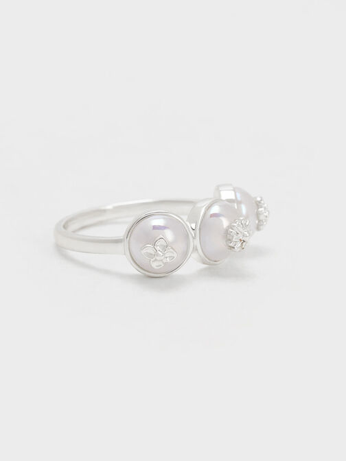 Flower-Embellished Triple Pearl Ring, Silver, hi-res