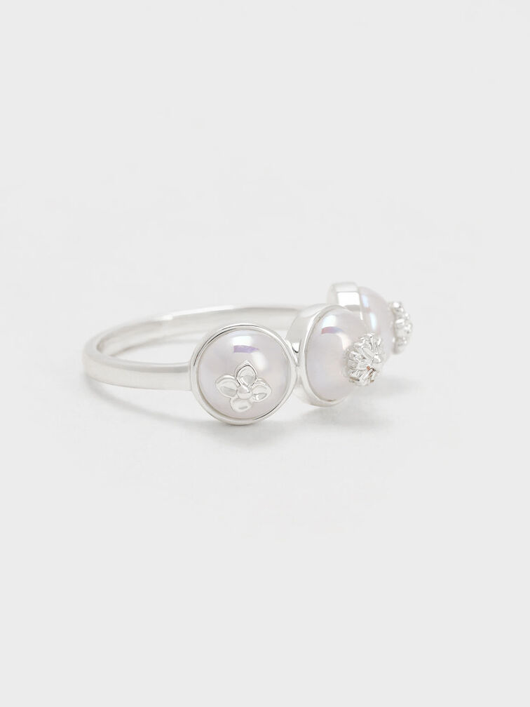 Flower-Embellished Triple Pearl Ring, Silver, hi-res