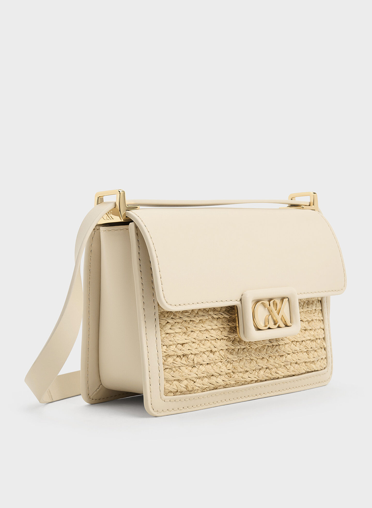 Bolso tipo caja de cuero y rafia, Beige, hi-res