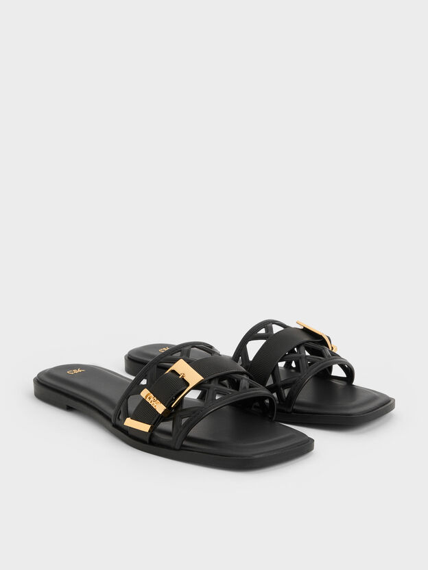Whitney Leather Cut-Out Slide Sandals, Black, hi-res