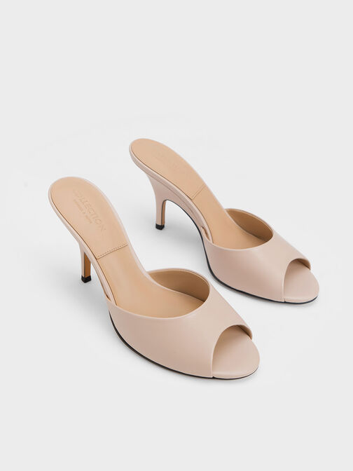 Leather Round-Toe Heeled Mules, Nude, hi-res