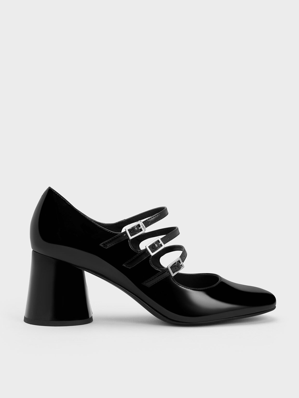 Buckled Cylindrical Heel Mary Janes, Black, hi-res