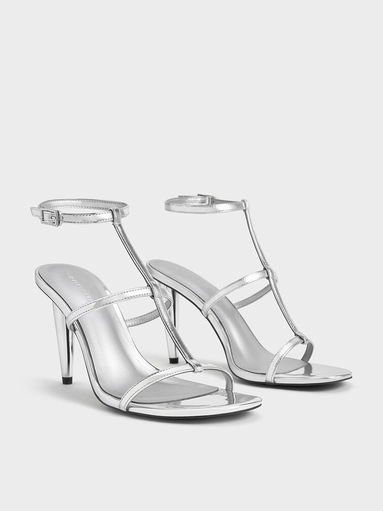 Metallic T-Bar Ankle-Strap Sandals, Silver, hi-res