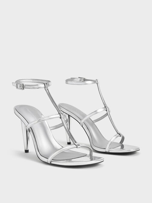 Metallic T-Bar Ankle-Strap Sandals, Silver, hi-res