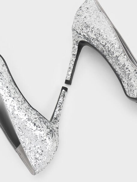 Emmy Glittered Pointed-Toe Pumps, Silver, hi-res