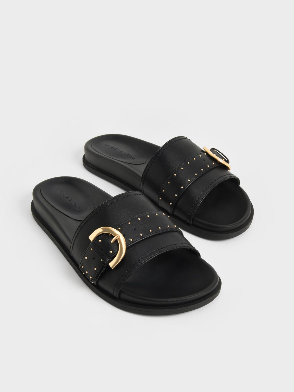 Studded Buckle Slide Sandals, Black, hi-res