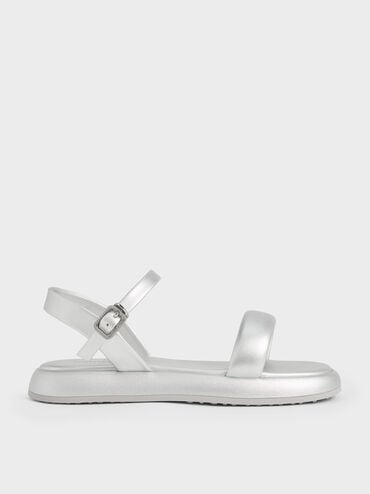 Girls' Metallic Puffy Ankle-Strap Sandals, Silver, hi-res