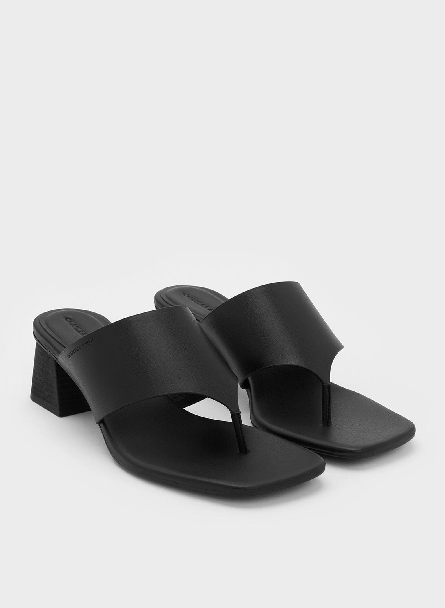 Square-Toe Heeled Thong Sandals, Black, hi-res