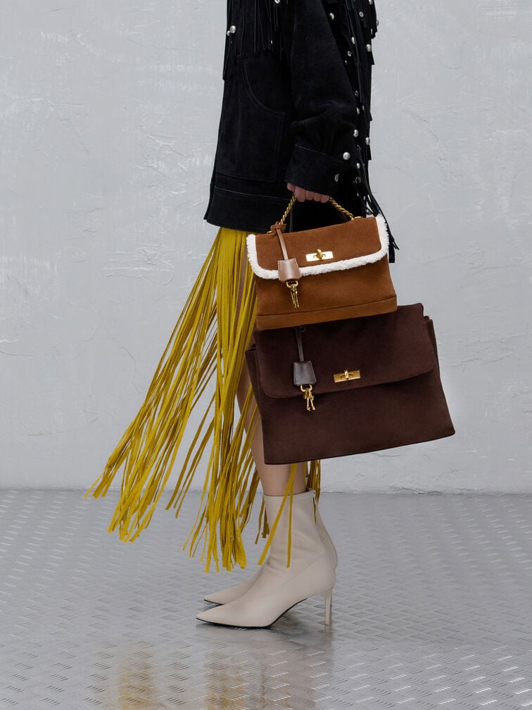 Kerry Recycled Suede Top Handle Satchel Bag, Espresso Brown, hi-res