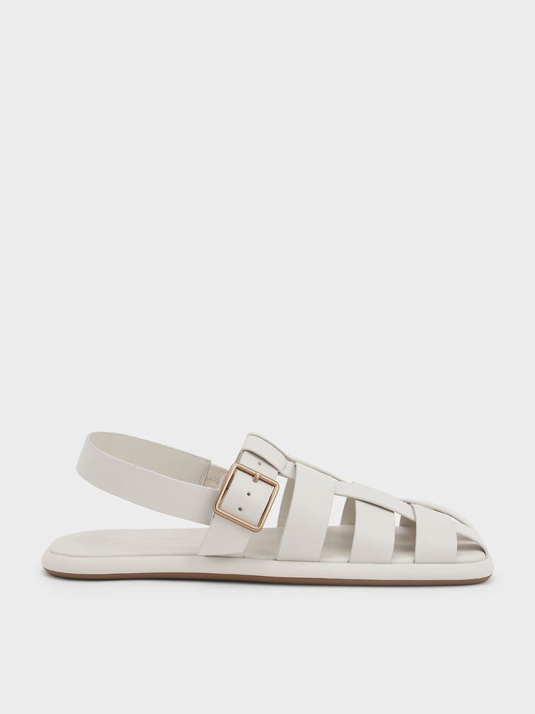 Metallic Buckle Caged Slingback Sandals, Chalk, hi-res