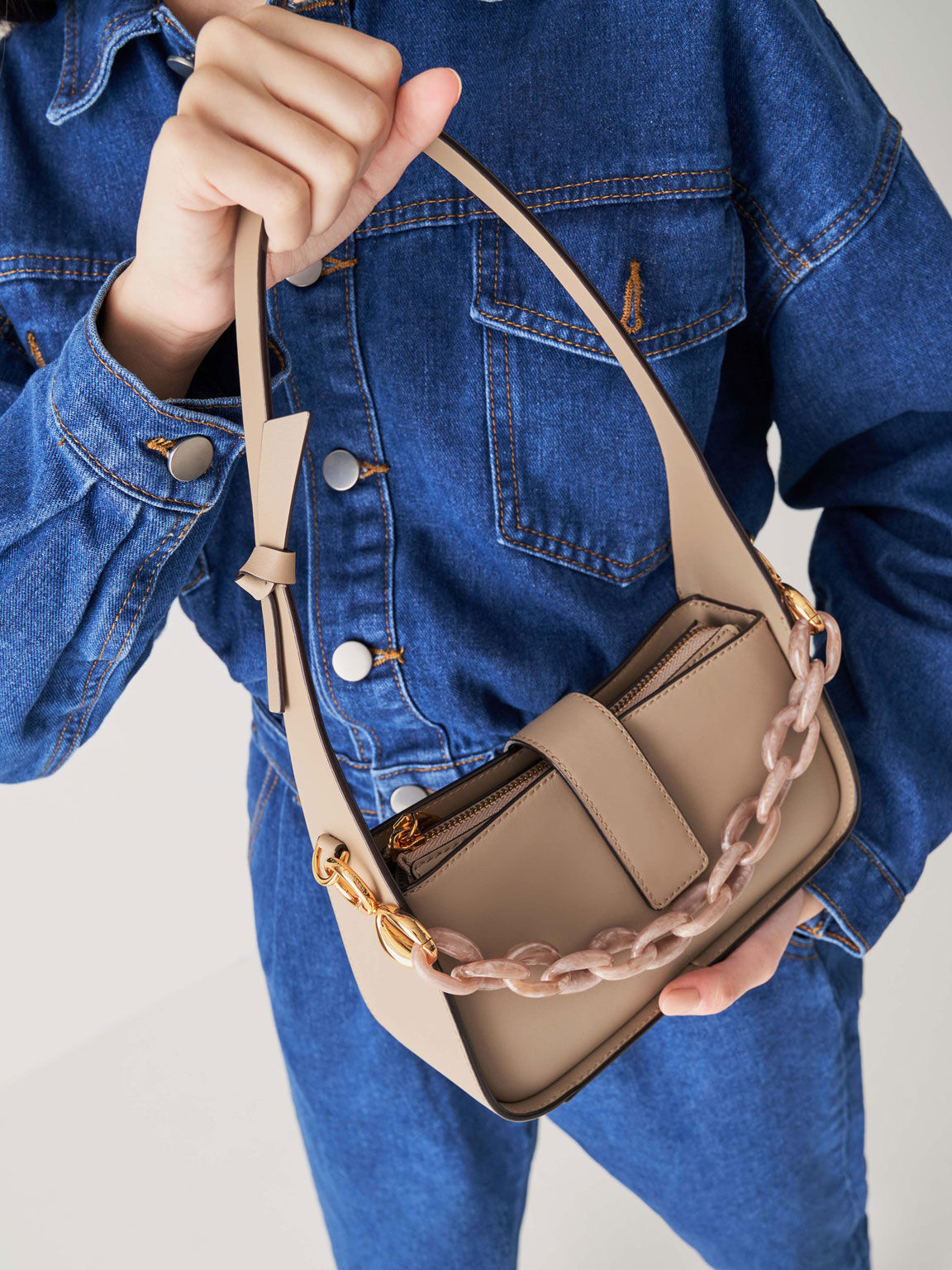 Leather Chain-Link Bag, Taupe, hi-res