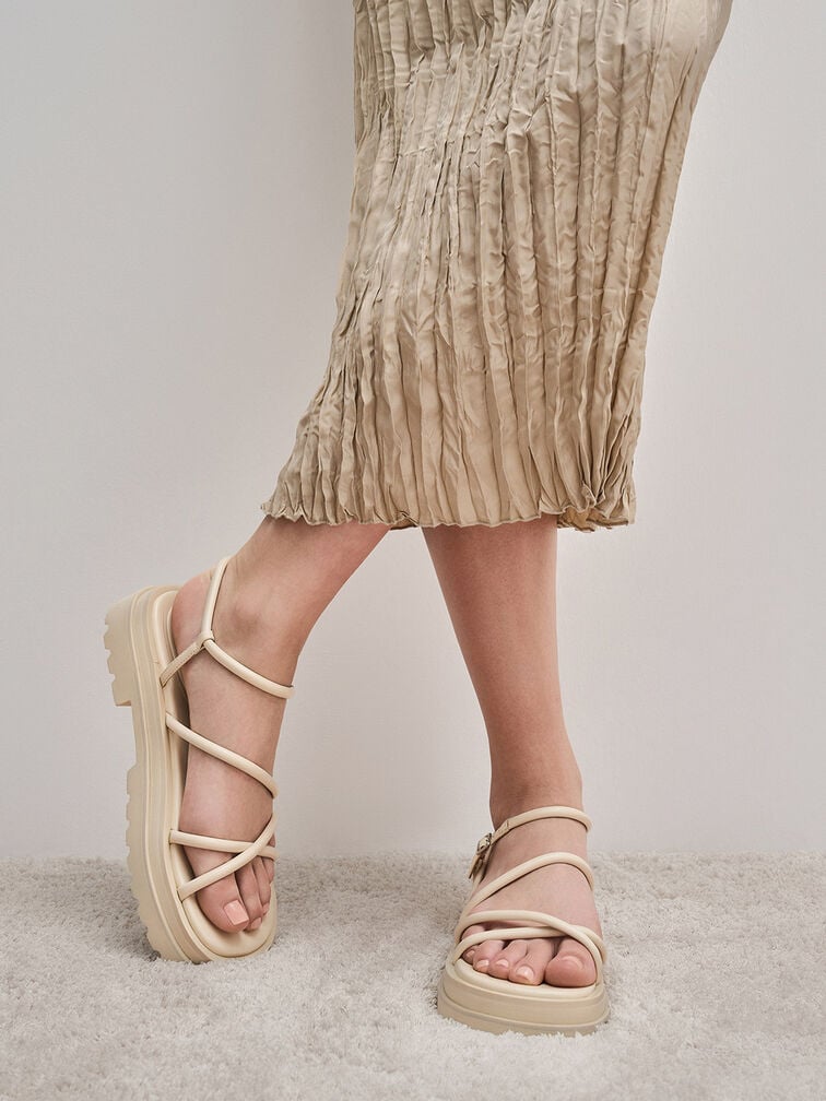 Sandalias de tiras tubulares, Beige, hi-res