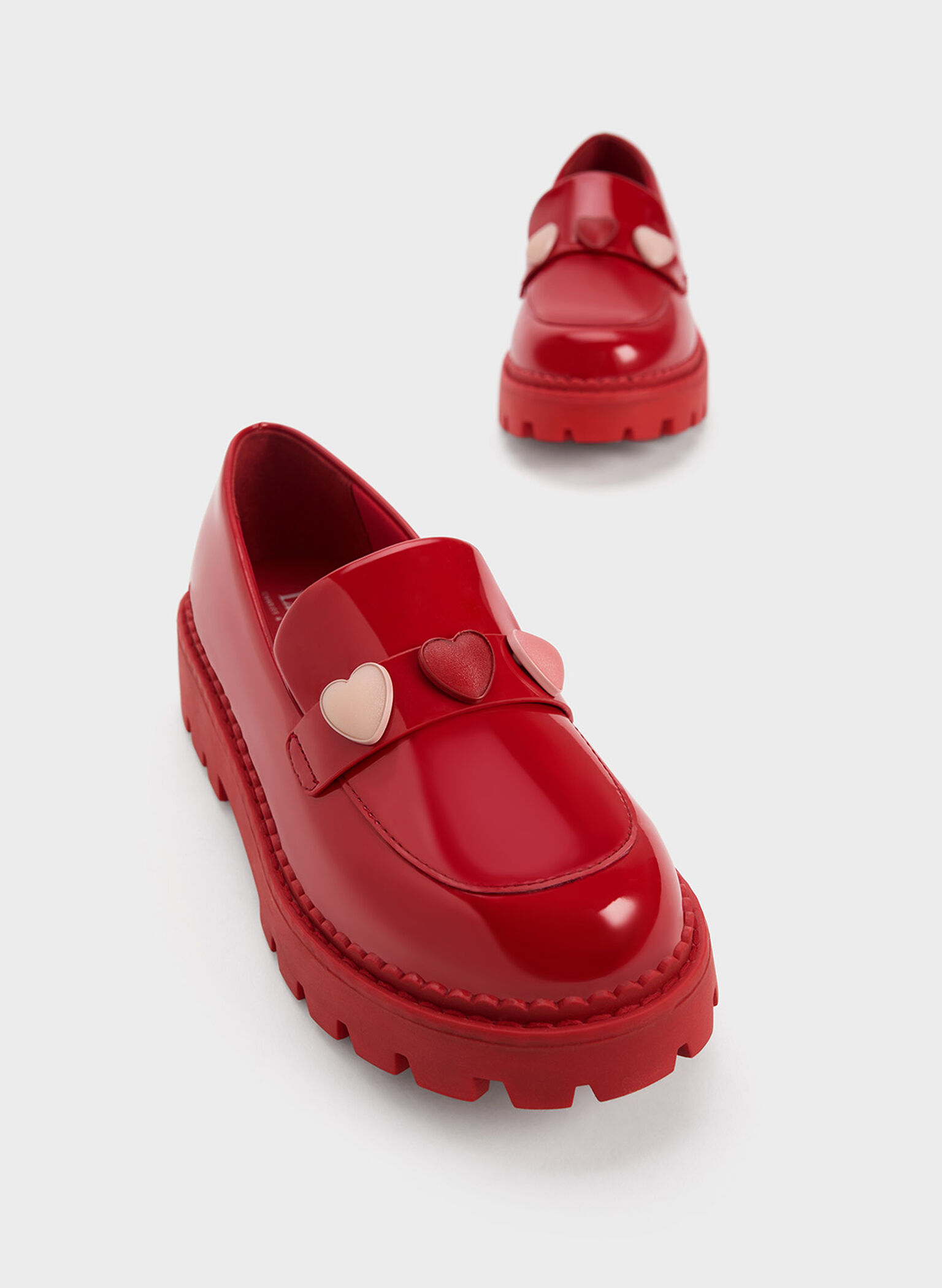 Girls' Heart-Motif Patent Penny Loafers, Red, hi-res