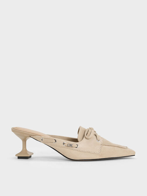 Kori Suede Lace-Up Sculptural-Heel Mules, Beige, hi-res