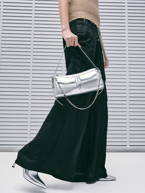 Rachel Elongated Front-Pocket Chain-Handle Bag, Silver, hi-res