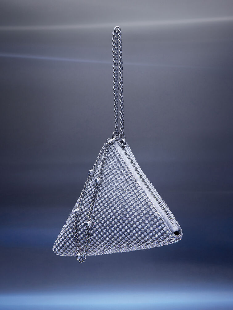 Crystal-Embellished Chain-Handle Triangle Clutch, Silver, hi-res