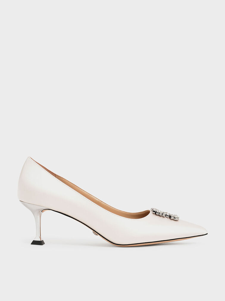 Satin Gem-Embellished Kitten Heel Pumps, Cream, hi-res