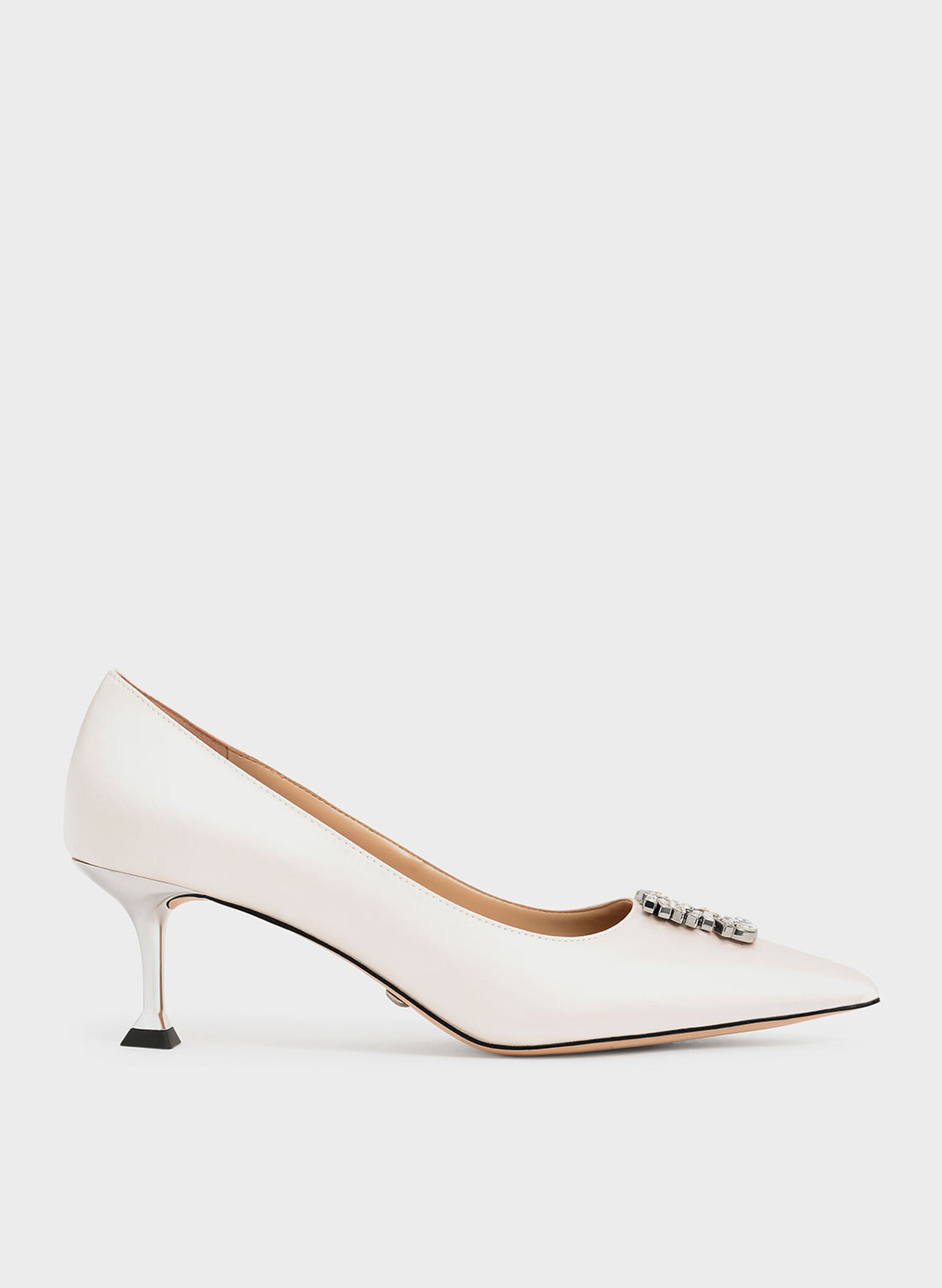 Cream Satin GemEmbellished Kitten Heel Pumps CHARLES & KEITH US