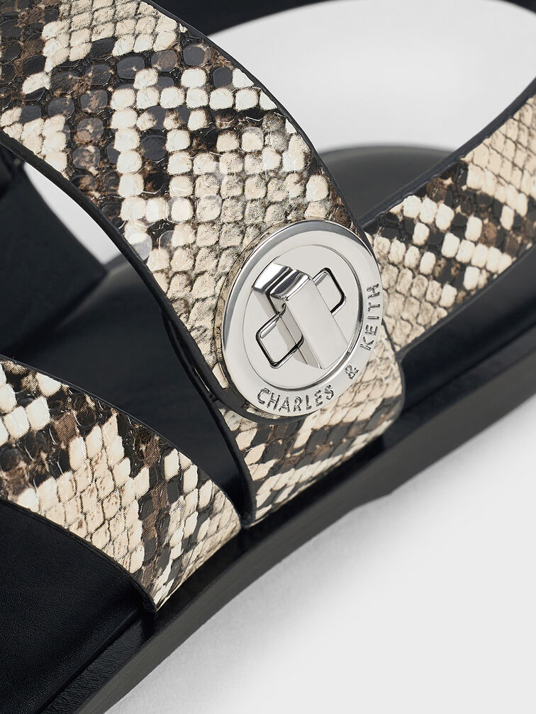 Yara Snake-Print Turn Lock Strappy Sandals, Animal Print Natural, hi-res