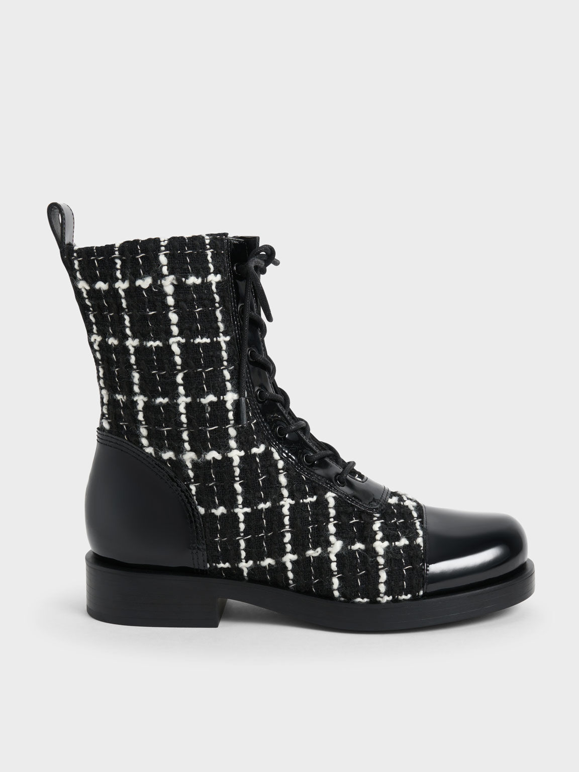 Tweed & Patent Combat Boots, Black Textured, hi-res