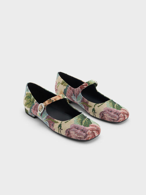Floral-Embroidered Pearl-Buckle Mary Janes, Multi, hi-res