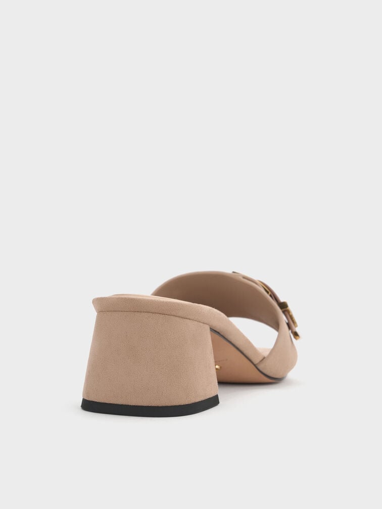 Mules con tacón grueso en piel y ante con hebilla Whitney, Gris pardo, hi-res