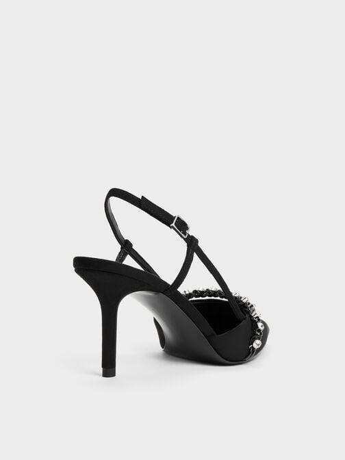 Faux Suede Crystal Slingback Pumps, Black Textured, hi-res