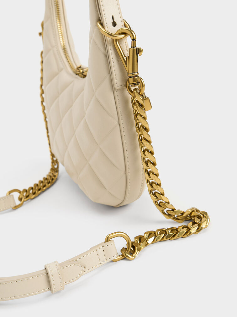 Swing Padlock Quilted Crescent Bag, Beige, hi-res