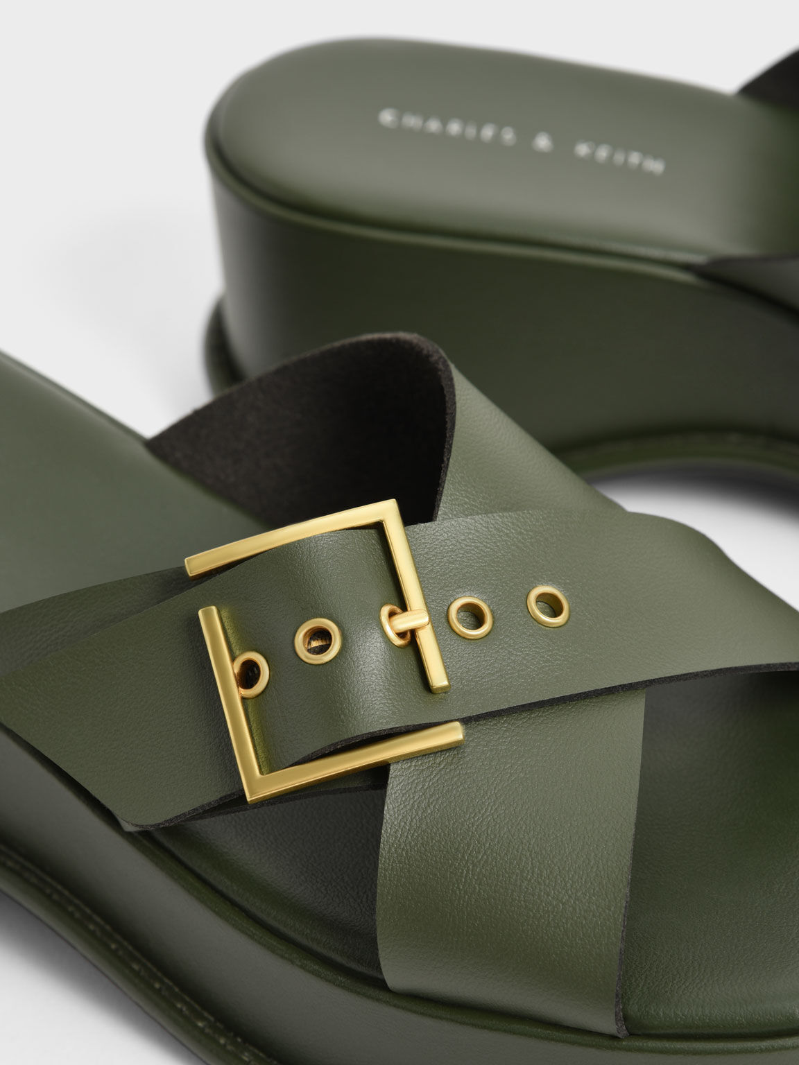 Buckled Crossover Platform Sandals, Olive, hi-res