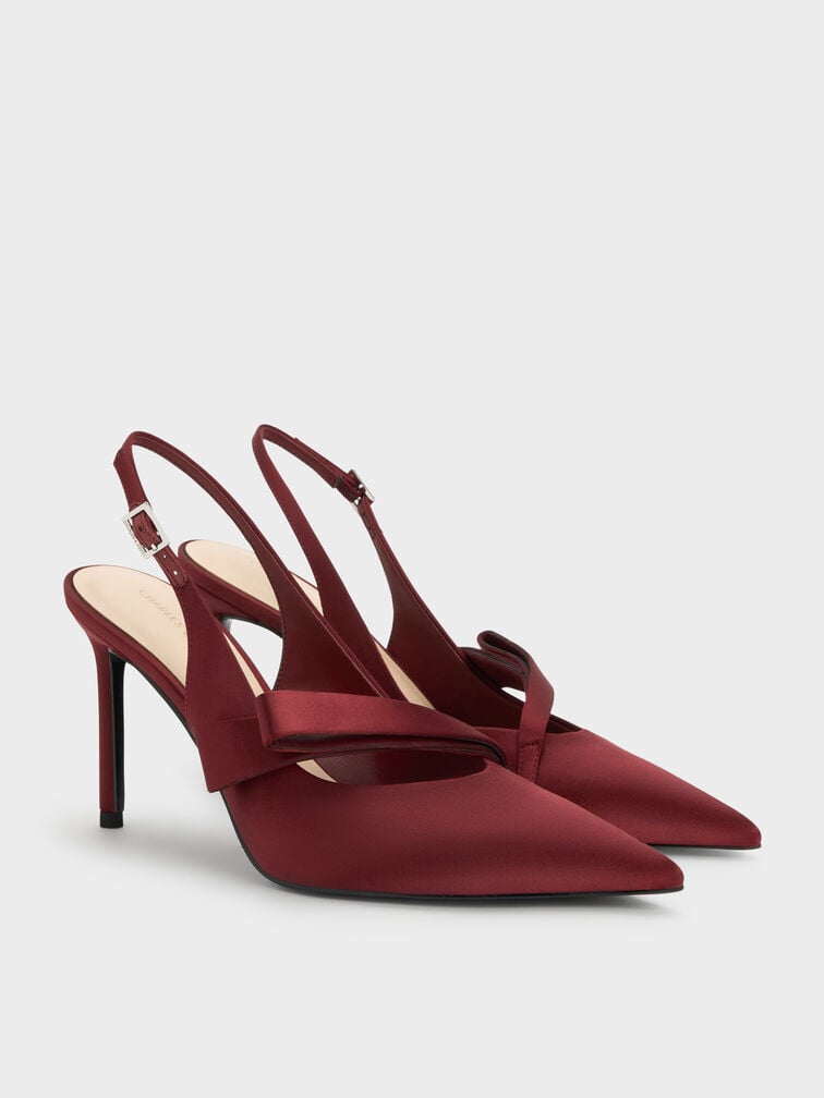 Satin Pleated-Strap Slingback Pumps, Red, hi-res
