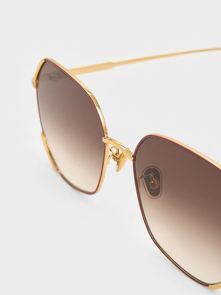 Geometric Wire-Frame Butterfly Sunglasses, Brick, hi-res