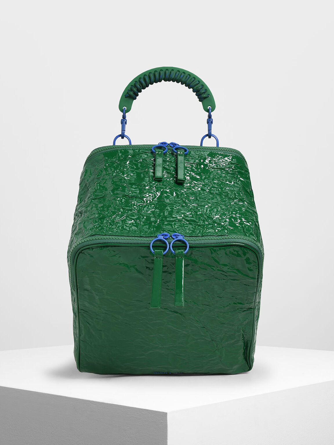 Rope Handle Wrinkled Effect Patent Backpack, Green, hi-res