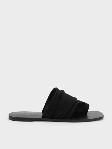 Faux Suede Ruched Toe-Ring Sandals, Black Textured, hi-res
