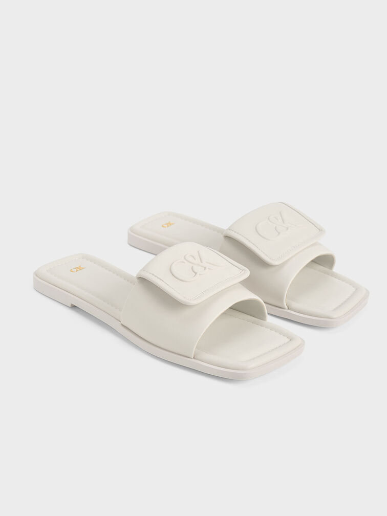 Leather Slide Sandals, White, hi-res