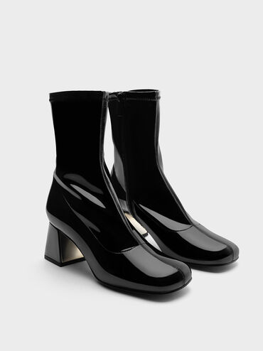 Patent Metallic Trapeze Heel Ankle Boots, Black Patent, hi-res