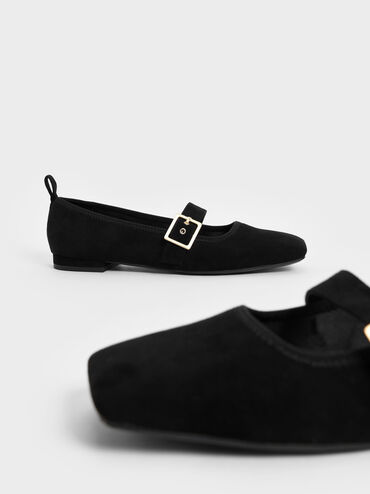 Textured Square Toe Mary Jane Flats, Black, hi-res