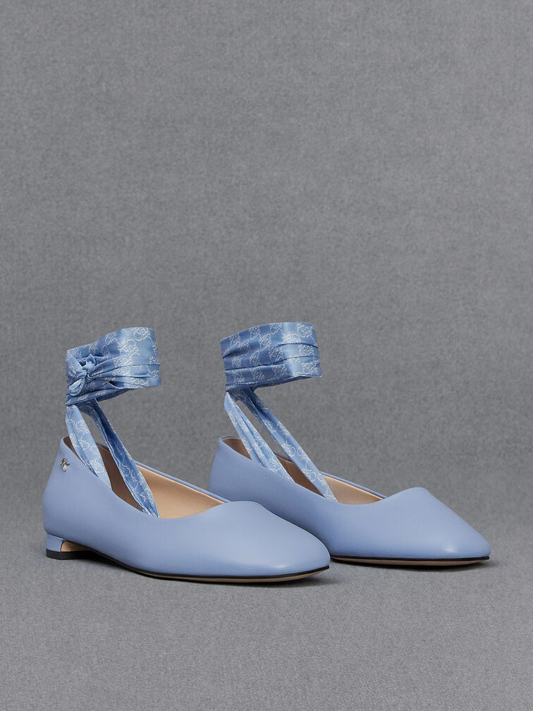 Leather Monogram Tie-Around Ballet Flats, Light Blue, hi-res