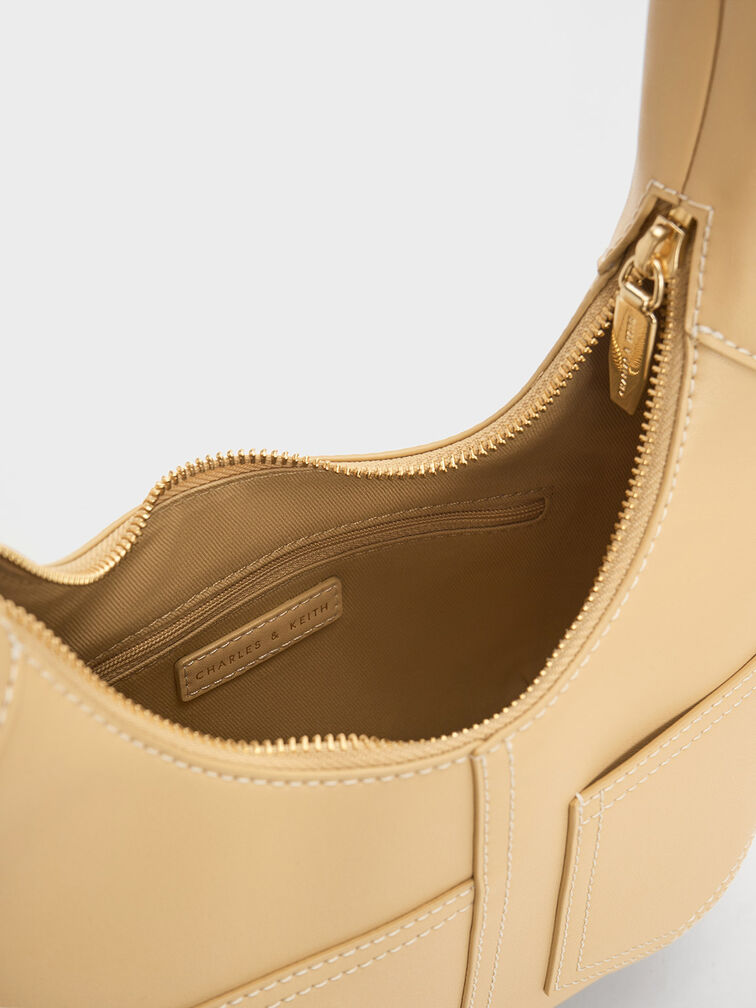 Bolso hobo curvo Anthea con detalle de puntadas, Beige, hi-res