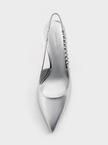 Zapatos de tacón con tira trasera metálica y tira de gemas, Plateado, hi-res