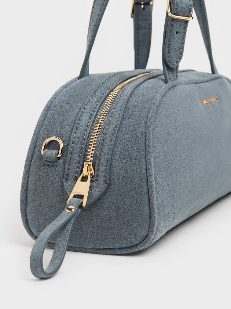 Vega Faux Suede Elongated Bowling Bag, Smoky Blue, hi-res