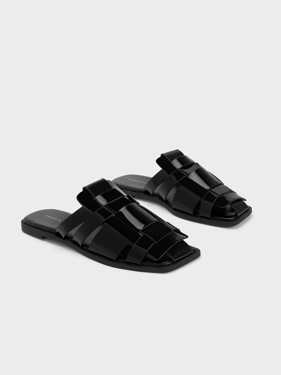 Woven Flat Mules, Black Patent, hi-res