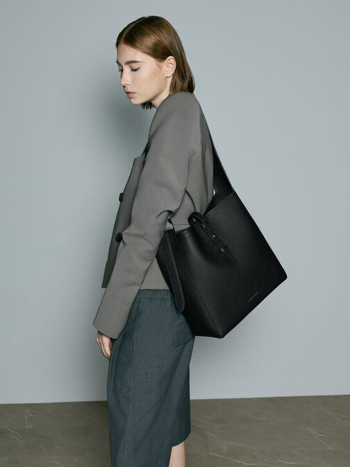 Beryl Recycled Leather Belted Hobo Bag, Black, hi-res