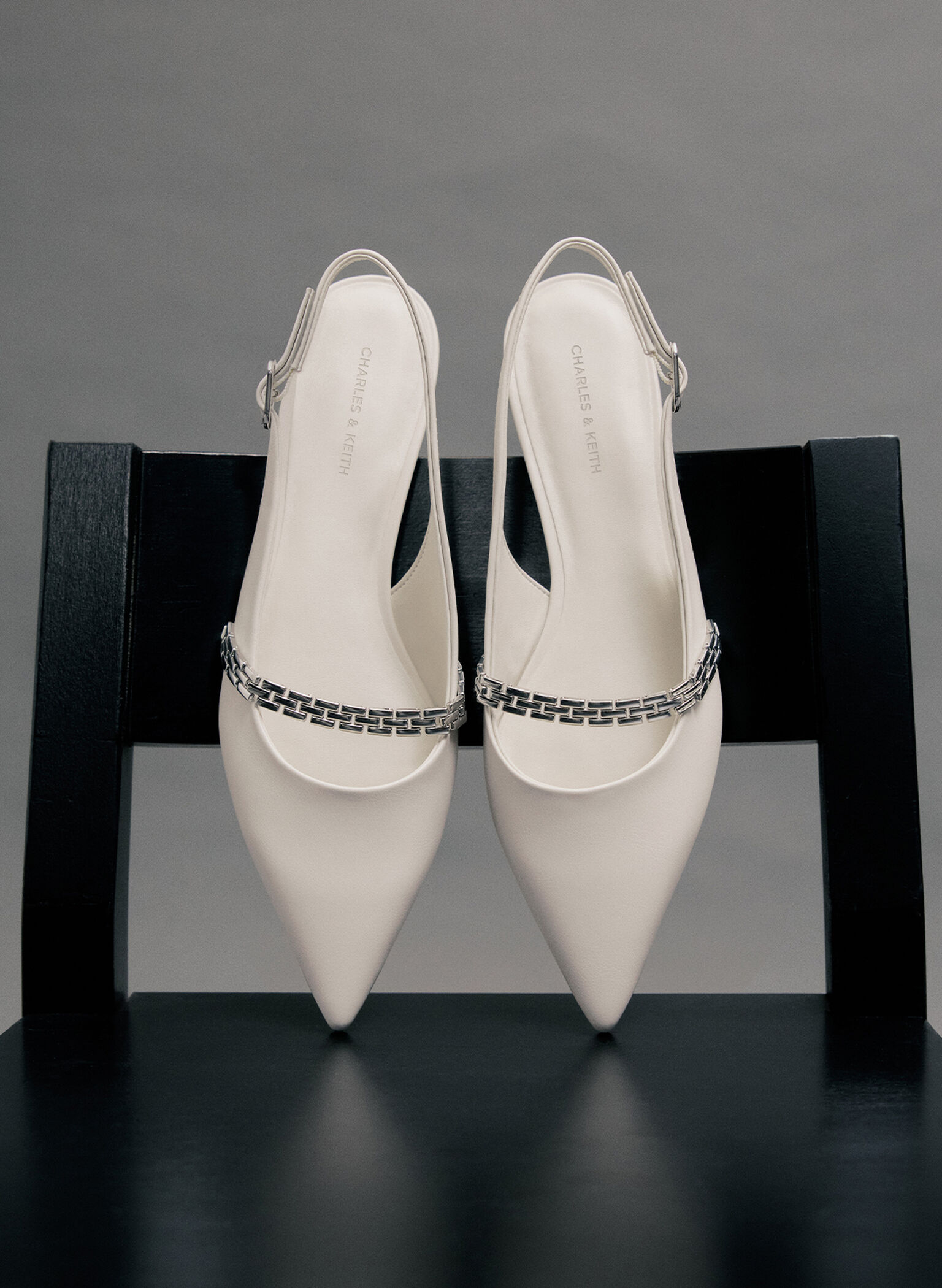 Chain-Strap Pointed-Toe Slingback Flats, Chalk, hi-res