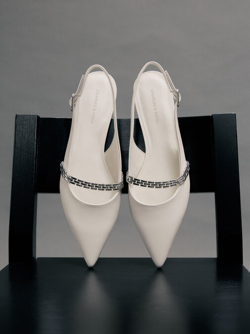 Chain-Strap Pointed-Toe Slingback Flats, Chalk, hi-res