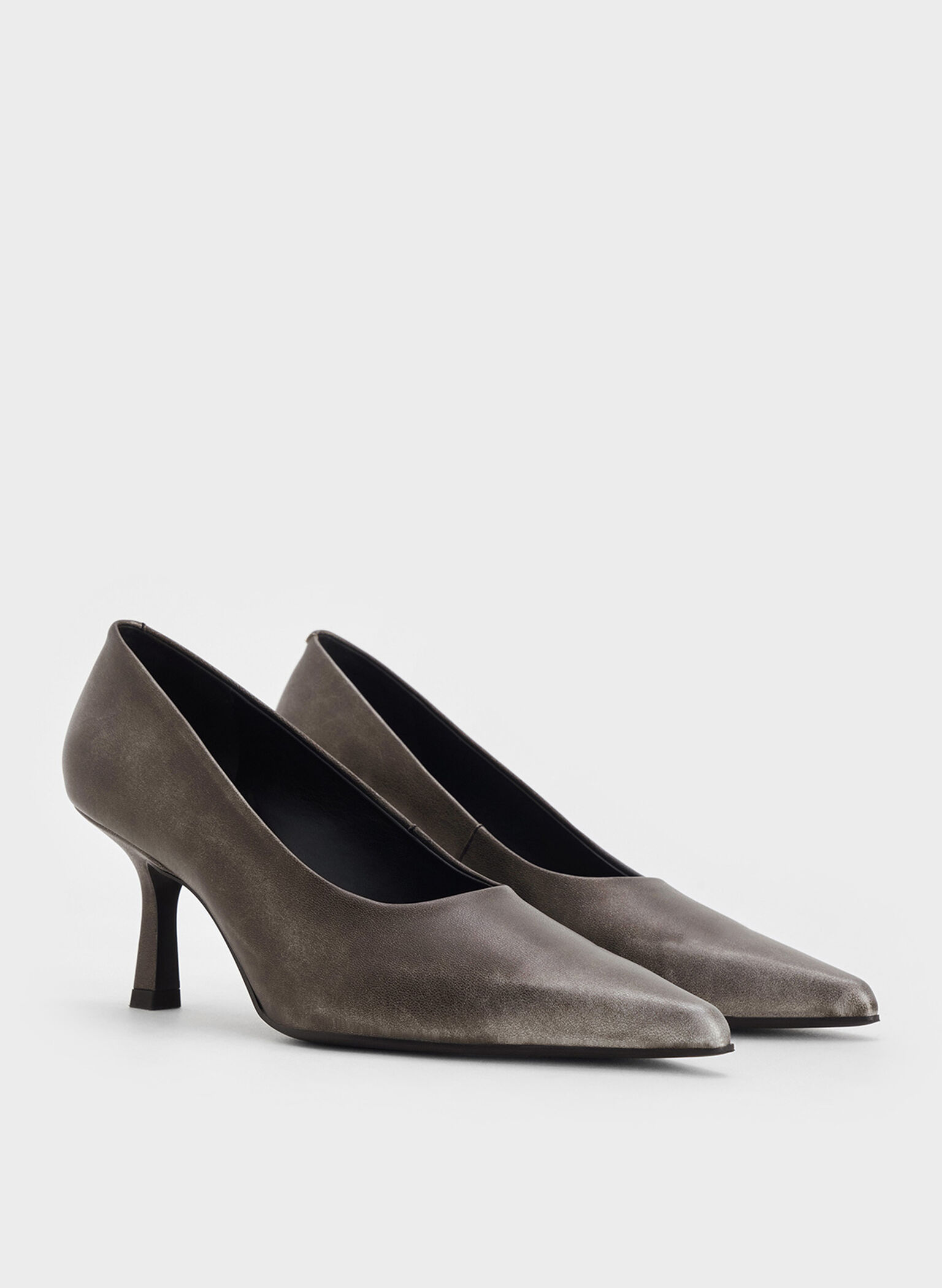Metallic Pointed-Toe Kitten-Heel Pumps, Silver, hi-res