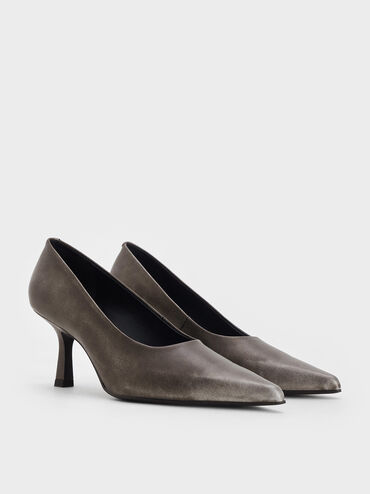 Metallic Pointed-Toe Kitten-Heel Pumps, Silver, hi-res