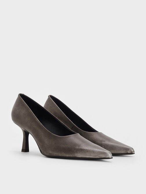 Metallic Pointed-Toe Kitten-Heel Pumps, Silver, hi-res