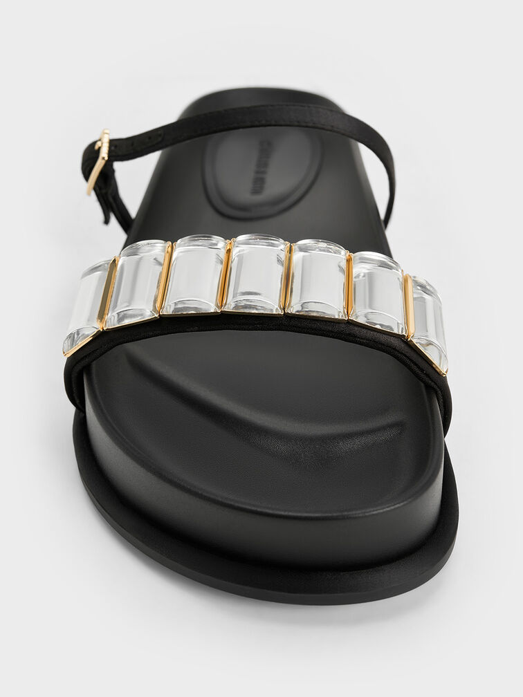 Satin Crystal-Embellished Double-Strap Sandals, Black Textured, hi-res